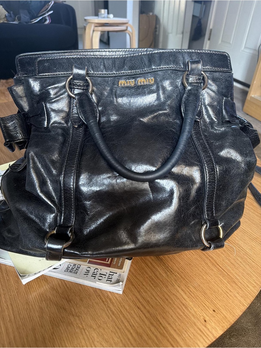 Rare Vintage Miu Miu Vitello Lux Black Leather Tote